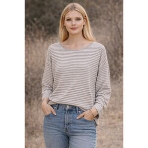 Eileen Fisher Organic Cotton Grey White Stripe Round Neck Sweater Size Medium